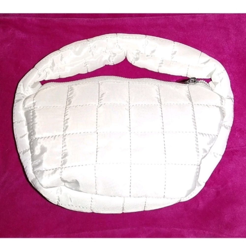 Bright White Puffy Down Quilted Small Clutch Cosmetic Bag Handle Purse Handbag